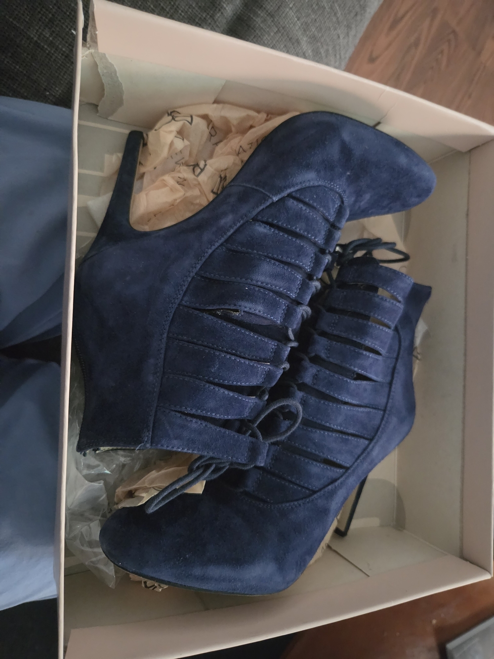 BCBGeneration Navy Suede Lace-Up Stiletto Ankle Boots